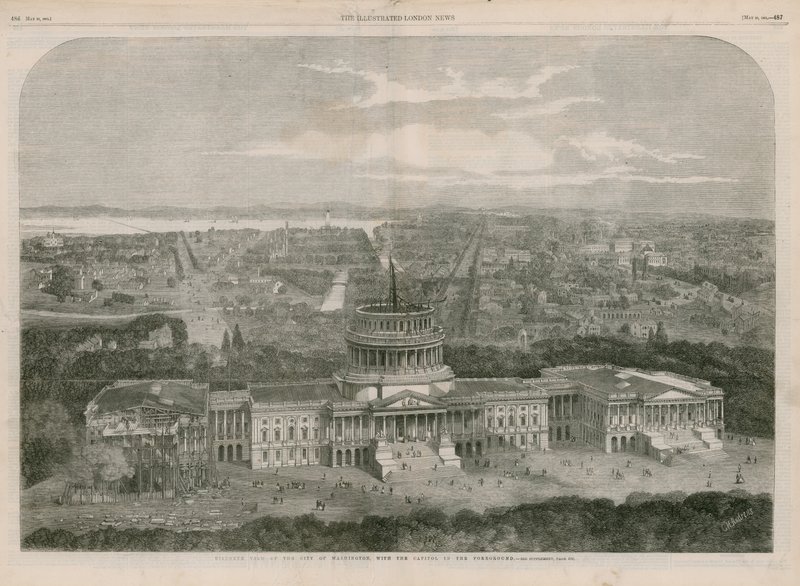 Vogelperspektive der Stadt Washington, mit dem Kapitol im Vordergrund von English School