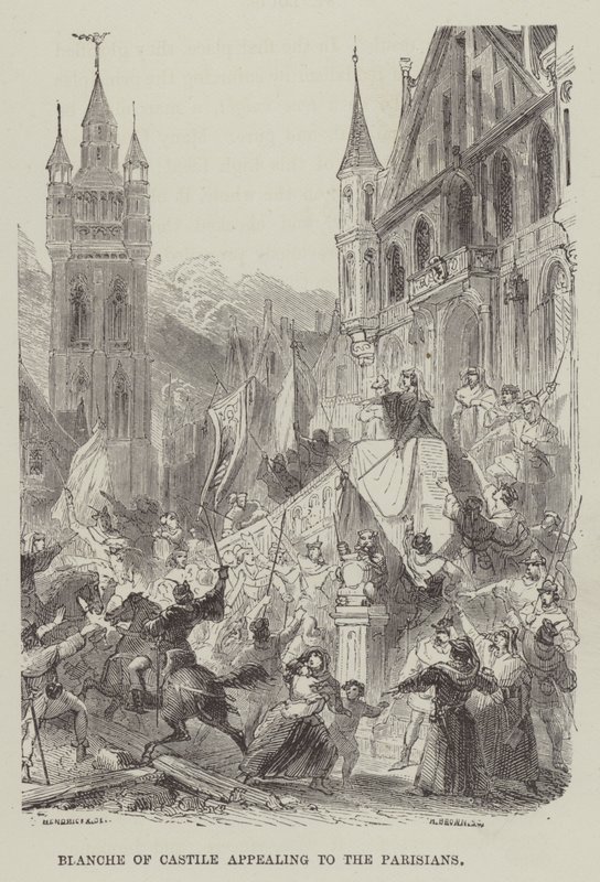 Blanche von Kastilien appelliert an die Pariser (Stich) von English School