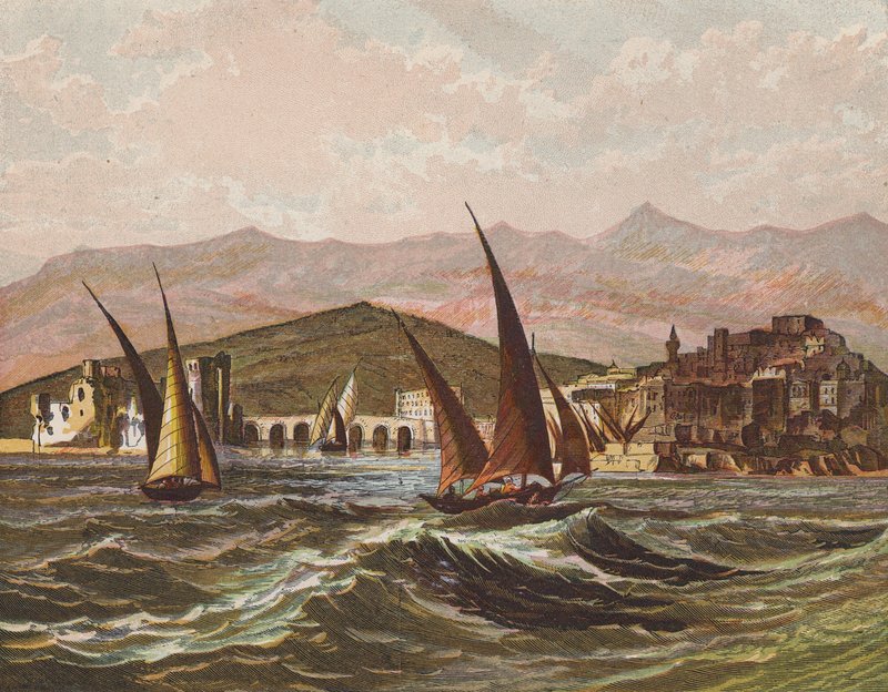 Boote segeln vor der Küste des Heiligen Landes von English School
