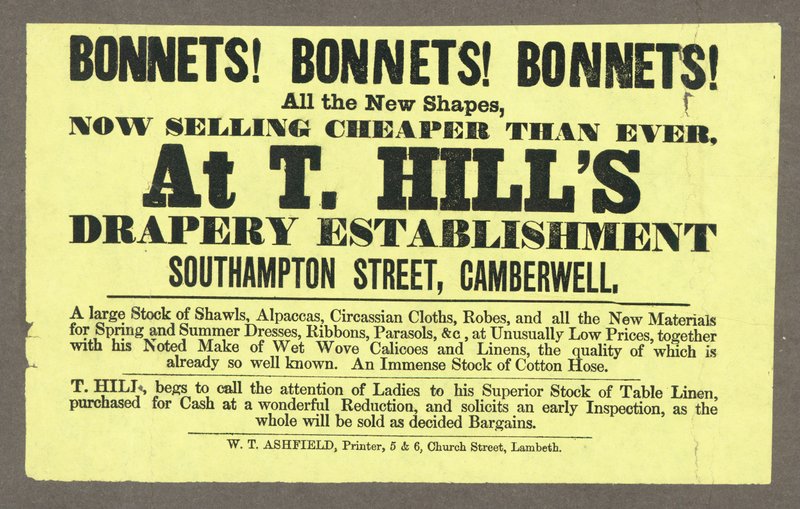 Bonnets! Bonnets! Bonnets! bei T Hills, Southampton Street, Camberwell, London von English School