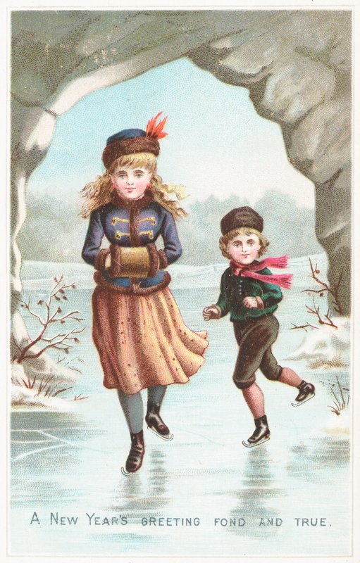 Junge und Mädchen beim Schlittschuhlaufen, Neujahrskarte von English School