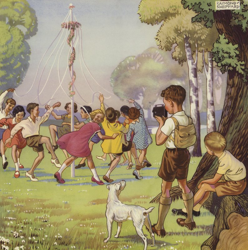 Junge filmt Kinder, die um einen Maibaum tanzen von English School