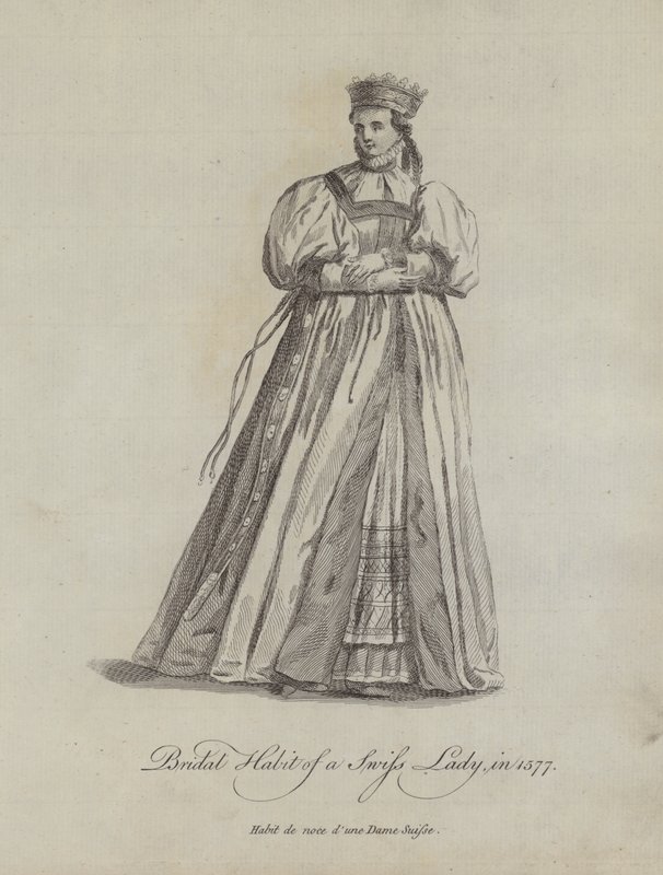 Brautkleid einer Schweizer Dame im Jahr 1577 (Stich) von English School