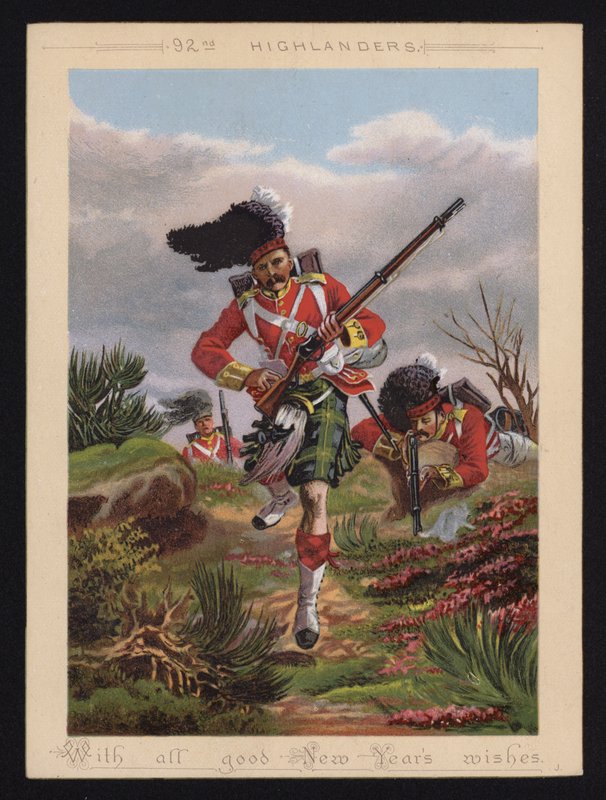 Britische Armee-Soldaten der 92. Highlanders, Neujahrsgrußkarte von English School