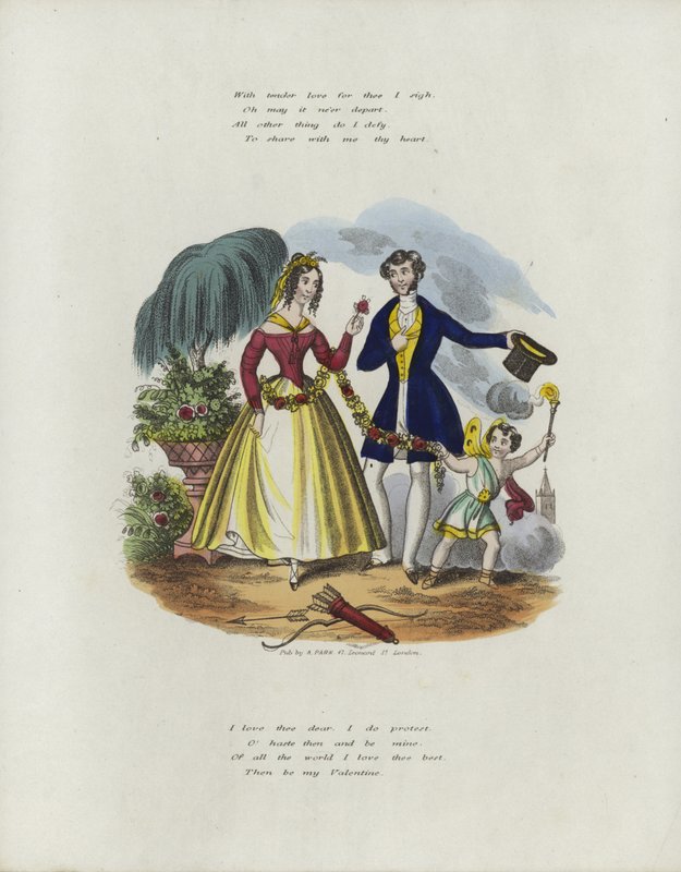 Britische Valentinskarte mit einem Bild eines Cherubs, der eine Frau mit einer Blumenschnur zieht von English School