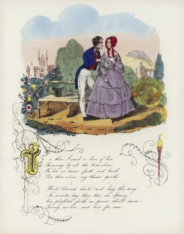 Britische Valentinskarte mit einem Bild eines Mannes und einer Frau, die in einem Garten spazieren von English School