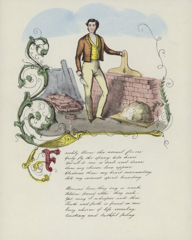 Britische Valentinskarte mit einem Bild eines Mannes, der eine Mauer baut von English School