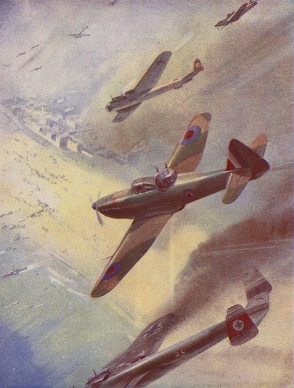 Britische Flugzeuge greifen deutsche Bomber an von English School
