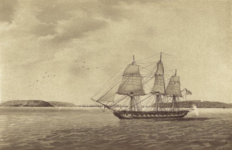 Britische Fregatte HMS Fisgard, kommandiert von Kapitän Thomas Byam Martin, bei der Aufklärung vor Brest, Frankreich von English School