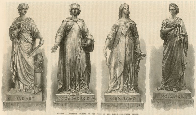 Bronzene allegorische Statuen auf den Pfeilern der Farringdon Street Bridge von English School
