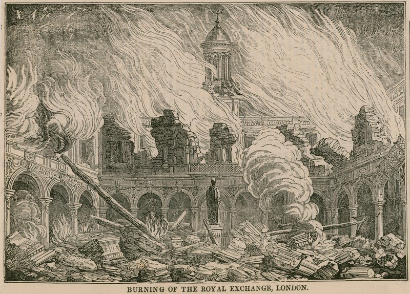 Brand der Royal Exchange, London, in der Nacht des 10. Januar 1838 von English School