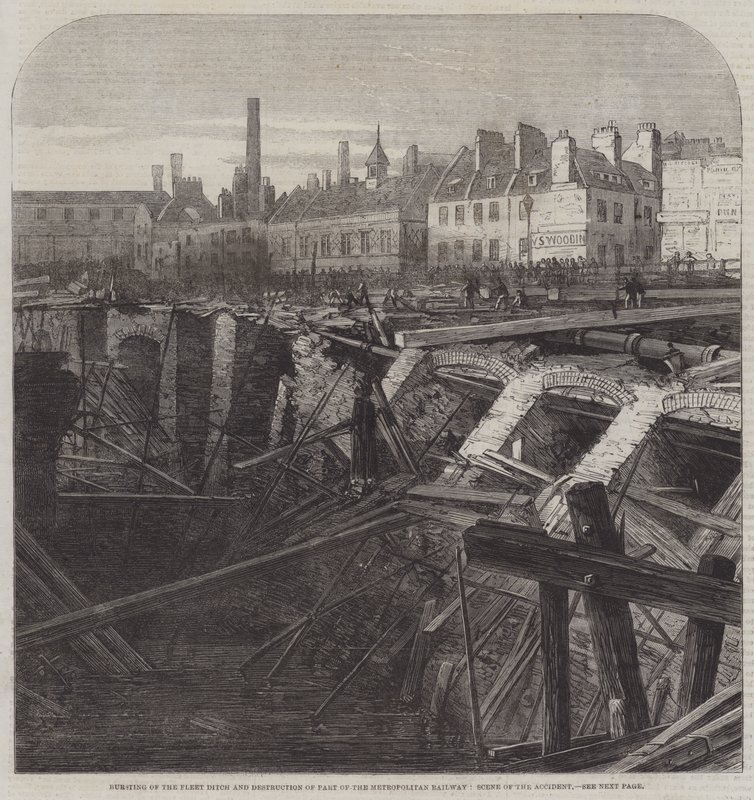 Bruch des Fleet Ditch und Zerstörung eines Teils der Metropolitan Railway, Unfallstelle (Gravur) von English School
