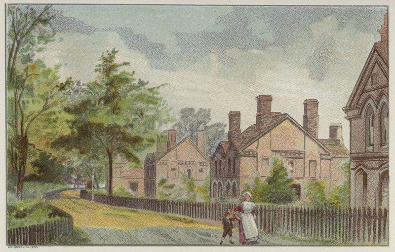 Cadburys Arbeiterhäuser und Landstraße, Bournville, Birmingham (Chromolitho) von English School