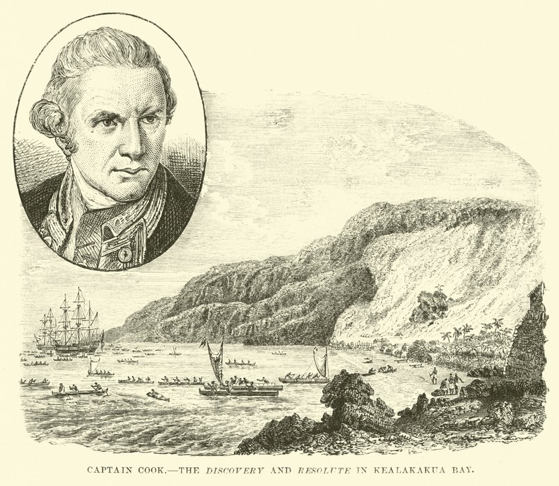 Captain Cook, die Discovery und Resolute in der Kealakekua-Bucht von English School