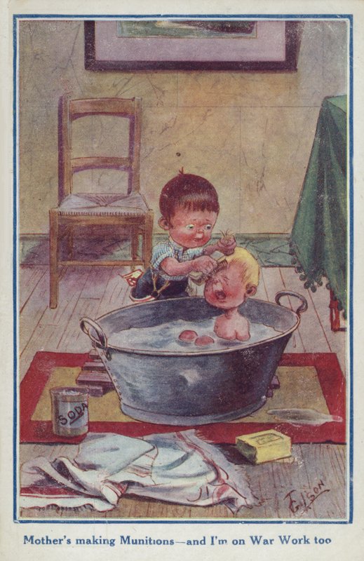 Karikatur-Propagandapostkarte von zwei kleinen Jungen von English School