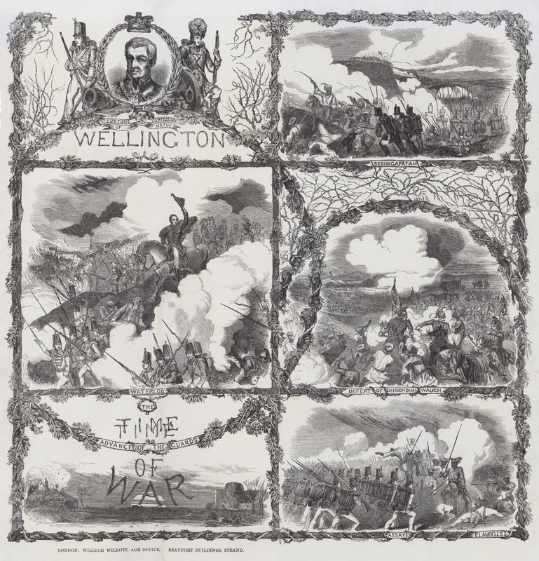 Feiern der Siege des Herzogs von Wellington bei der Belagerung von Seringapatam (1799), der Niederlage von Dhondia Wagh (1800), der Schlacht von Assaye (1803) und der Schlacht von Waterloo (1815) von English School