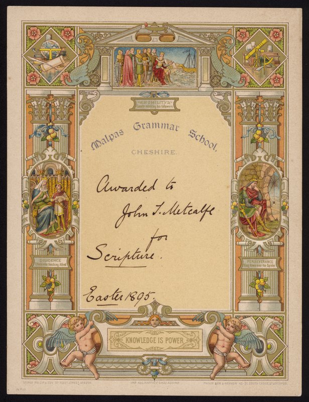 Zertifikat für Schriftkunde, verliehen an einen Schüler der Malpas Grammar School, Cheshire von English School