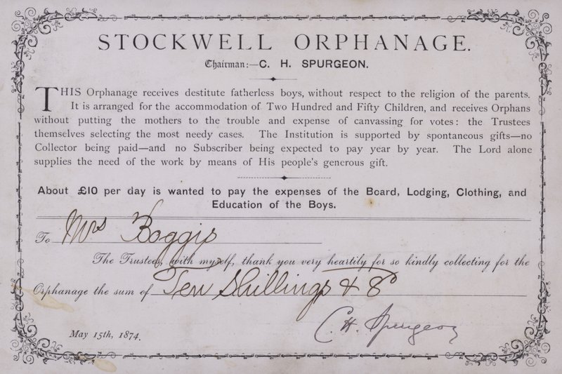 Dankesurkunde für eine Spende an das Stockwell Waisenhaus, London, 1874 von English School