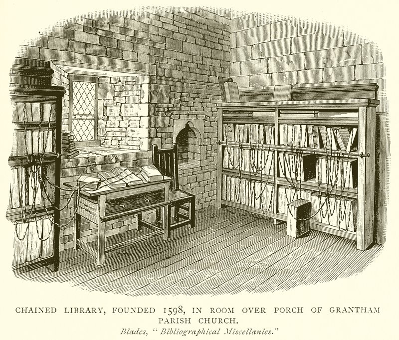 Gekettete Bibliothek, gegründet 1598, im Raum über der Vorhalle der Grantham Parish Church von English School