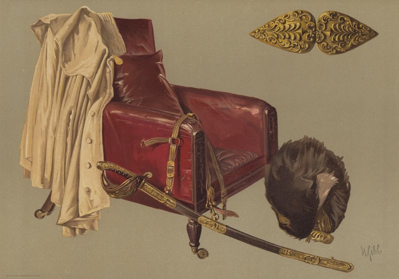 Stuhl und Mantel von Feldmarschall Herzog von Wellington, mit Bärenfell und Schwert der Grenadier Guards (Chromolithografie) von English School