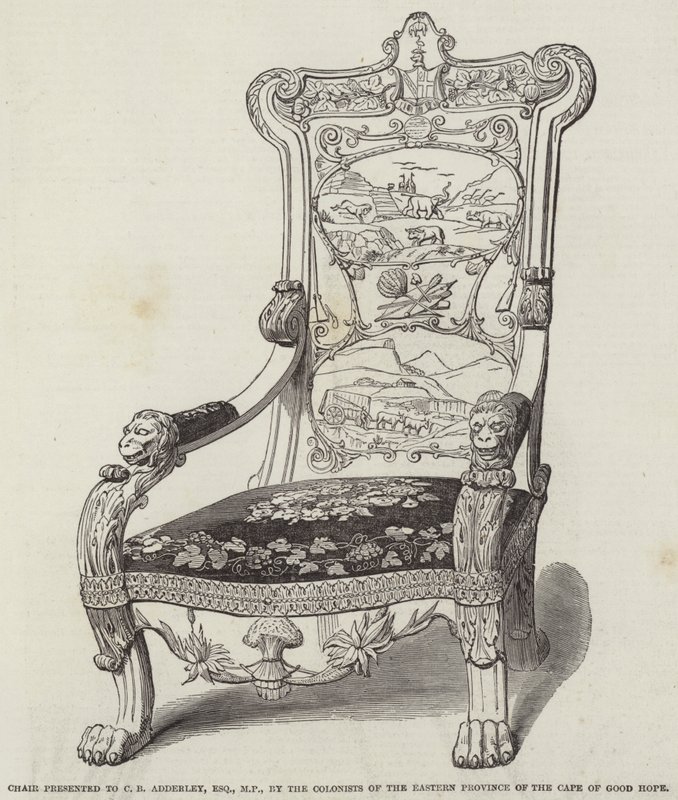 Stuhl, überreicht an C. B. Adderley, Esquire, MP, von den Kolonisten der östlichen Provinz des Kaps der Guten Hoffnung (Stich) von English School