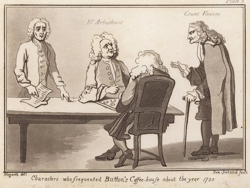 Personen, die Buttons Coffee House um das Jahr 1720 besuchten: Dr Arbuthnot, Graf Viviani von English School