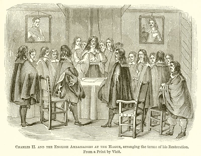 Karl II. und die englischen Botschafter in Den Haag, die Bedingungen seiner Restauration arrangierend von English School