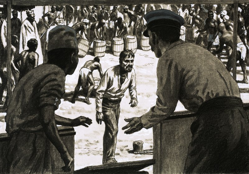 Charles Osborne und Captain Stott legten Fässer Rum am Strand aus von English School