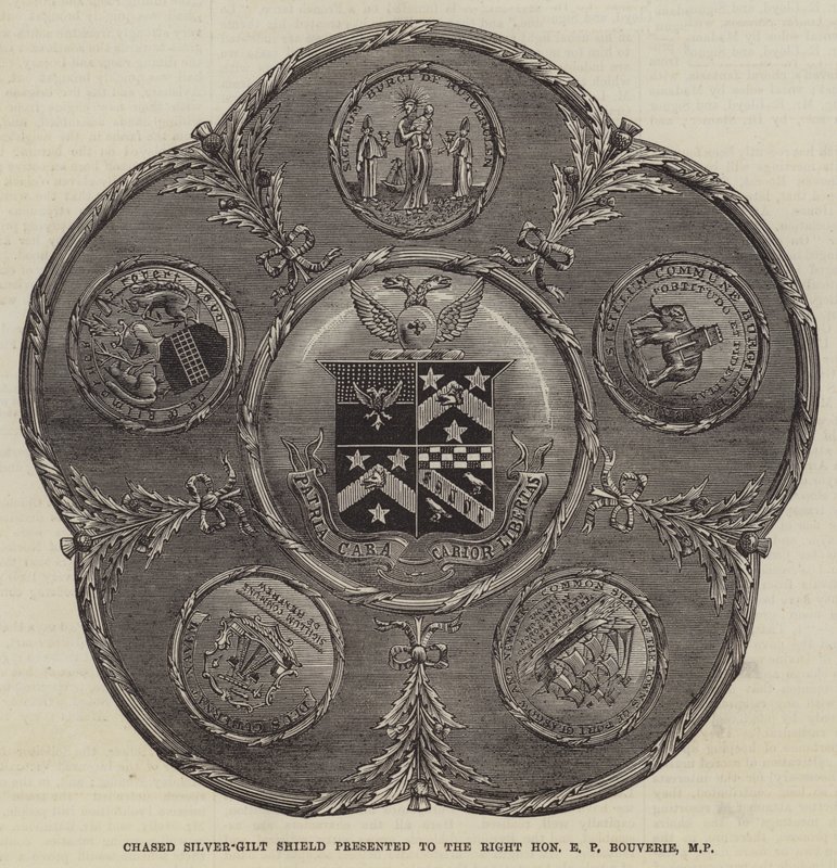 Getriebener silbervergoldeter Schild, präsentiert an den ehrenwerten E P Bouverie, MP (Gravur) von English School