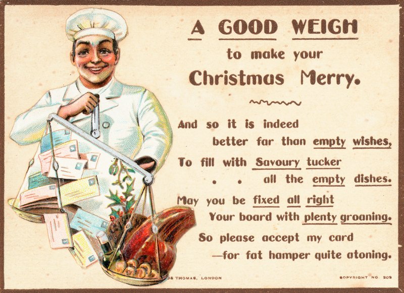 Koch wiegt Briefe und Lebensmittel auf Waage, Weihnachtskarte von English School