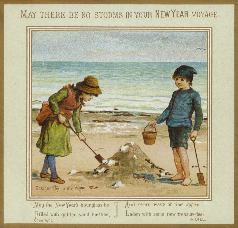 Kinder spielen am Strand - Neujahrskarte von English School