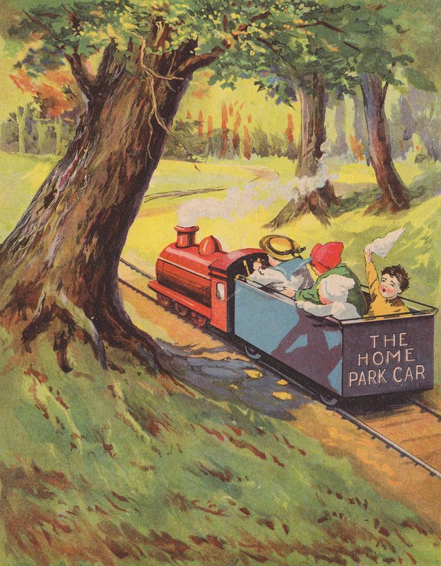 Kinder fahren mit einer Miniatureisenbahn von English School