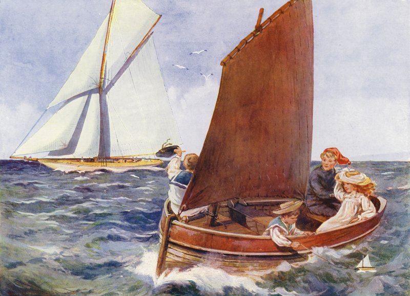 Kinder segeln und beobachten eine vorbeifahrende Yacht (Farblithographie) von English School
