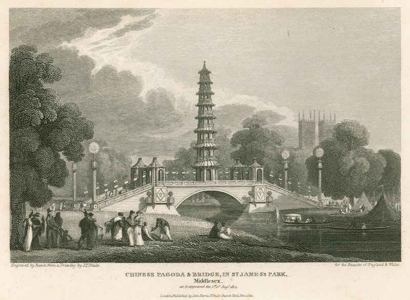 Chinesische Pagode und Brücke, St Jamess Park, London, wie sie am 1. August 1814 erschien von English School