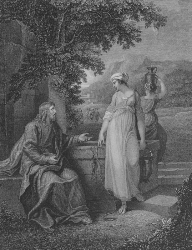 Christus und die Frau von Samaria, Johannes 4, Vers 5-27 (Gravur) von English School