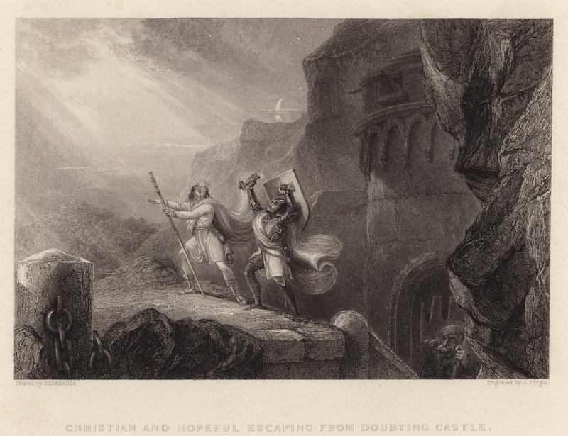 Christian und Hopeful fliehen aus dem Schloss des Zweifels (Gravur) von English School