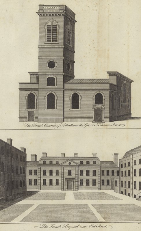 Kirche Allhallows the Great, Thames Street und das Französische Hospital nahe Old Street, London von English School