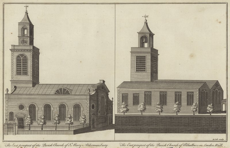 Kirche St. Mary, Aldermanbury und Kirche Allhallows on London Wall, London von English School