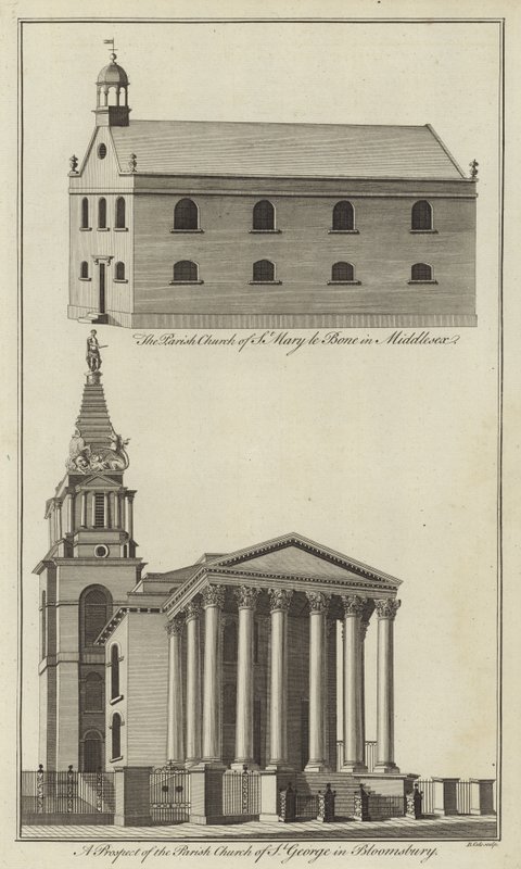 Kirche St Marylebone in Middlesex und Kirche St George in Bloomsbury, London von English School