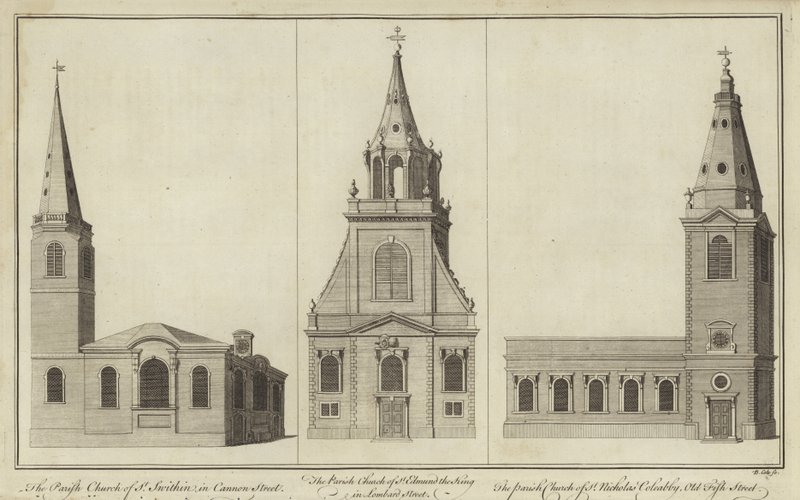 Kirchen St. Swithin, Cannon Street, St. Edmund the King, Lombard Street und St. Nicholas Cole Abbey, Old Fish Street von English School