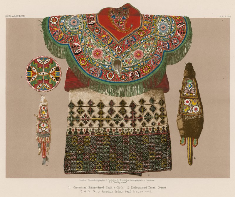 Tscherkessische bestickte Satteldecke; besticktes Kleid, Griechenland; nordamerikanische Indianerperlen- und Strohhandwerk von English School