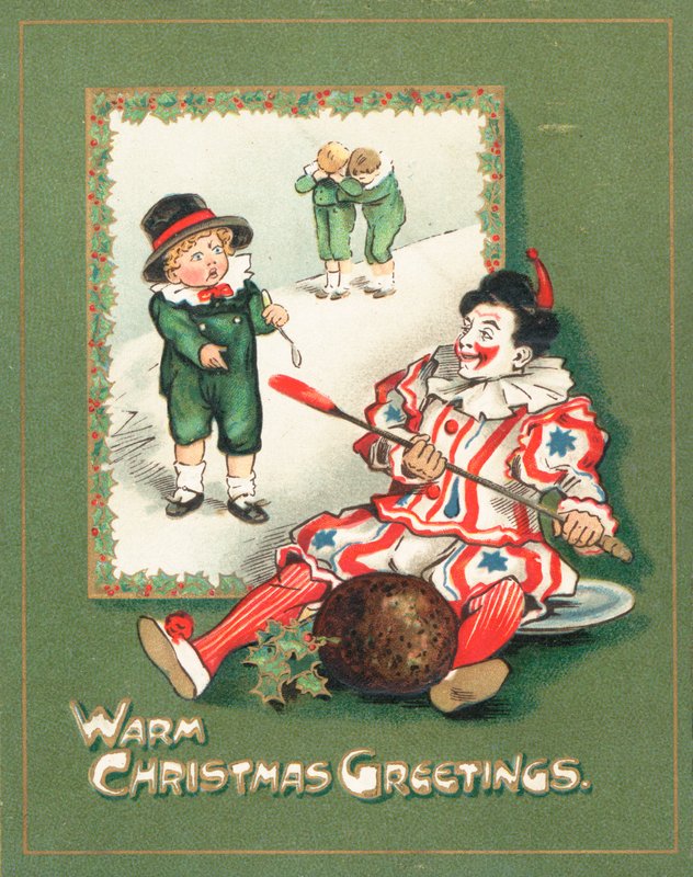 Clown stiehlt den Pflaumenpudding, Weihnachtskarte von English School