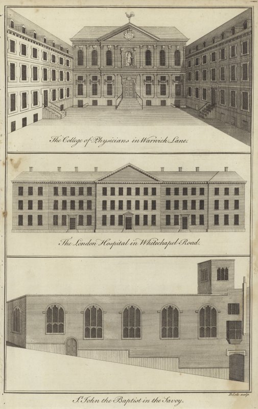 College of Physicians in Warwick Lane, das London Hospital in Whitechapel Road und die Kirche St John the Baptist im Savoy, London von English School