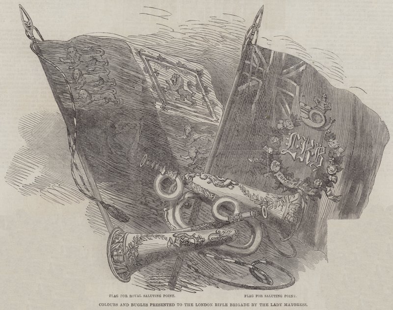 Farben und Signalhörner, präsentiert der London Rifle Brigade von der Lady Mayoress (Stich) von English School