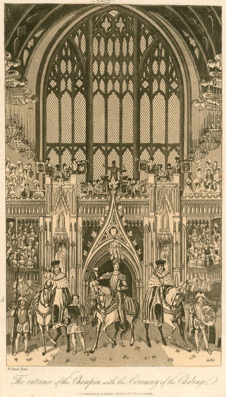 Krönungsbankett von König Georg IV. in der Westminster Hall, 17. Juli 1821; Der Eintritt des Champions mit der Zeremonie der Herausforderung von English School