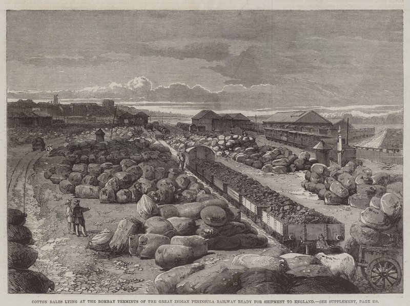 Baumwollballen am Bombay-Terminus der Great Indian Peninsula Railway, bereit für den Versand nach England von English School