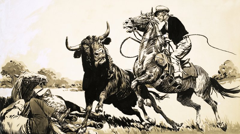 Cowboys im australischen Outback versuchen, einen Stier zu fangen von English School