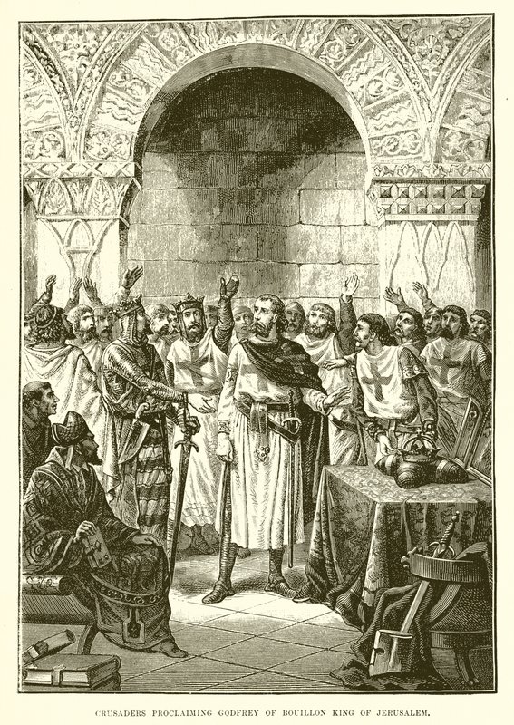 Kreuzfahrer proklamieren Gottfried von Bouillon zum König von Jerusalem von English School
