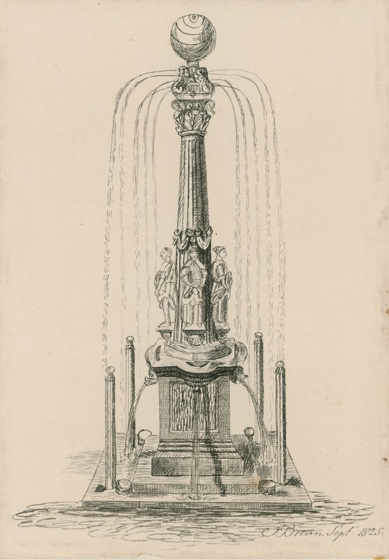 Kuriose Sonnenuhr und Brunnen von English School