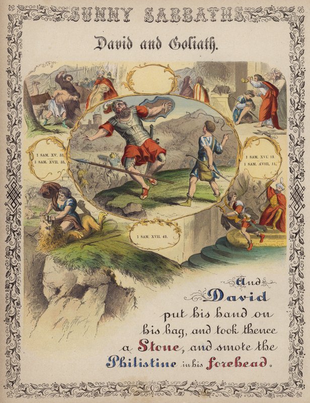 David und Goliath (farbige Gravur) von English School